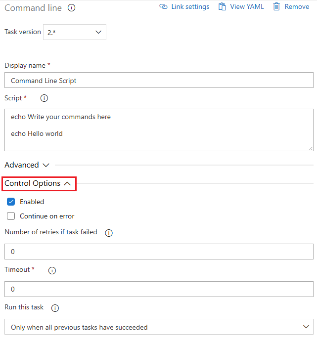 Cuplikan layar yang memperlihatkan Opsi Kontrol yang diperluas untuk tugas alur Klasik.