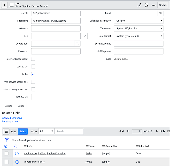 Cuplikan layar memperlihatkan cara menyiapkan pengguna baru di ServiceNow.