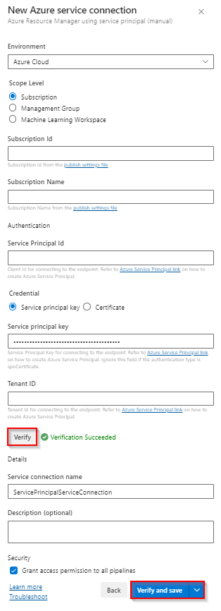Cuplikan layar memperlihatkan cara membuat koneksi layanan Azure Resource Manager baru menggunakan perwakilan layanan.