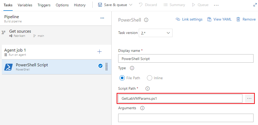 Cuplikan layar pengaturan jalur skrip tugas PowerShell.