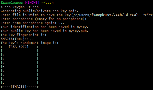Cuplikan layar pesan GitBash yang menunjukkan bahwa pasangan kunci SSH dibuat.