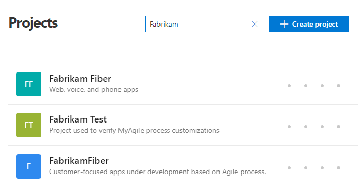 Cuplikan layar memperlihatkan halaman Proyek, filter di Fabrikam.