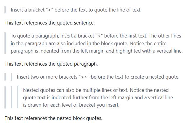 Cuplikan layar tampilan sintaks Markdown yang diterbitkan untuk mengutip blok teks.