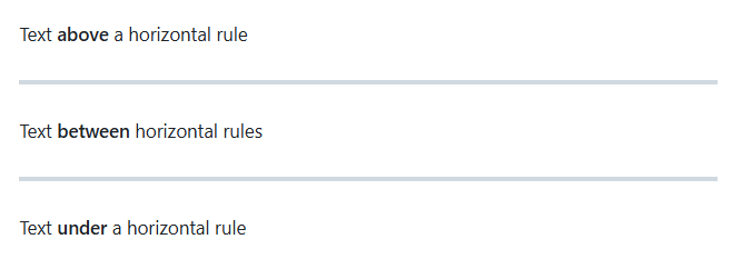Cuplikan layar tampilan sintaks Markdown yang diterbitkan untuk aturan horizontal.