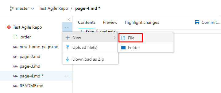 Cuplikan layar menambahkan halaman ke wiki dari portal web.
