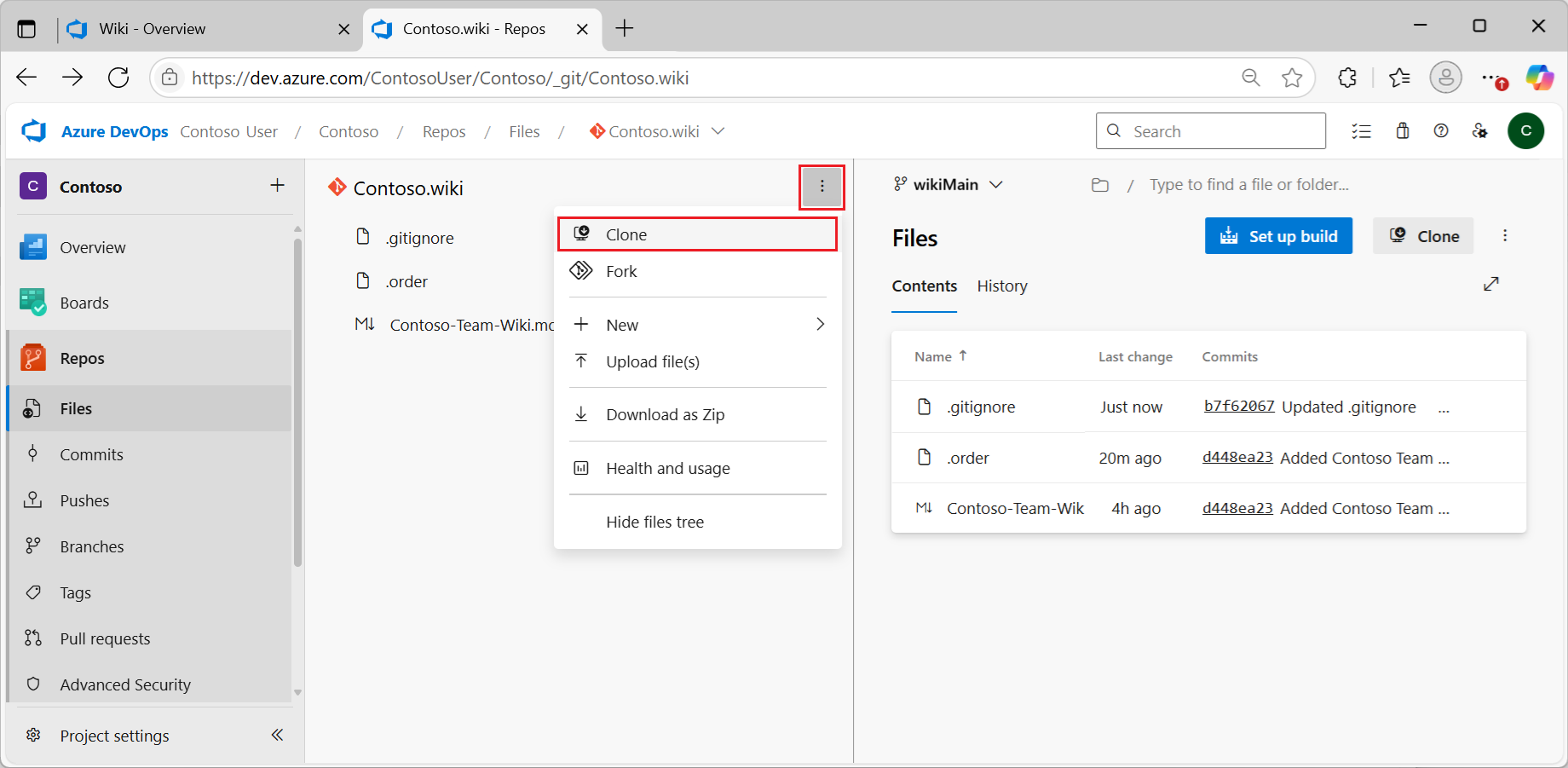 Cuplikan layar yang memperlihatkan cara membuka halaman File Repos untuk repositori wiki Anda lalu pilih opsi Kloning.