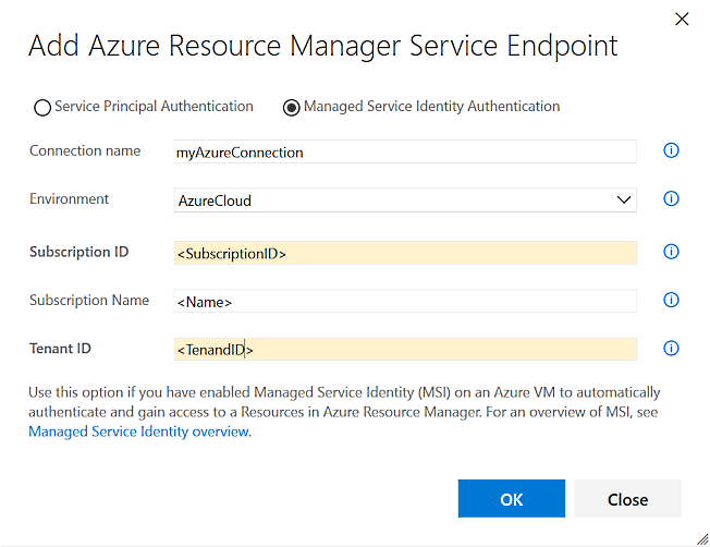 Dialog Tambahkan Titik Akhir Layanan Azure Resource Manager