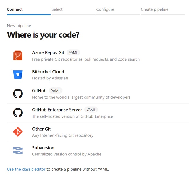 Semua penyedia sumber yang disertakan dalam wizard alur build baru.