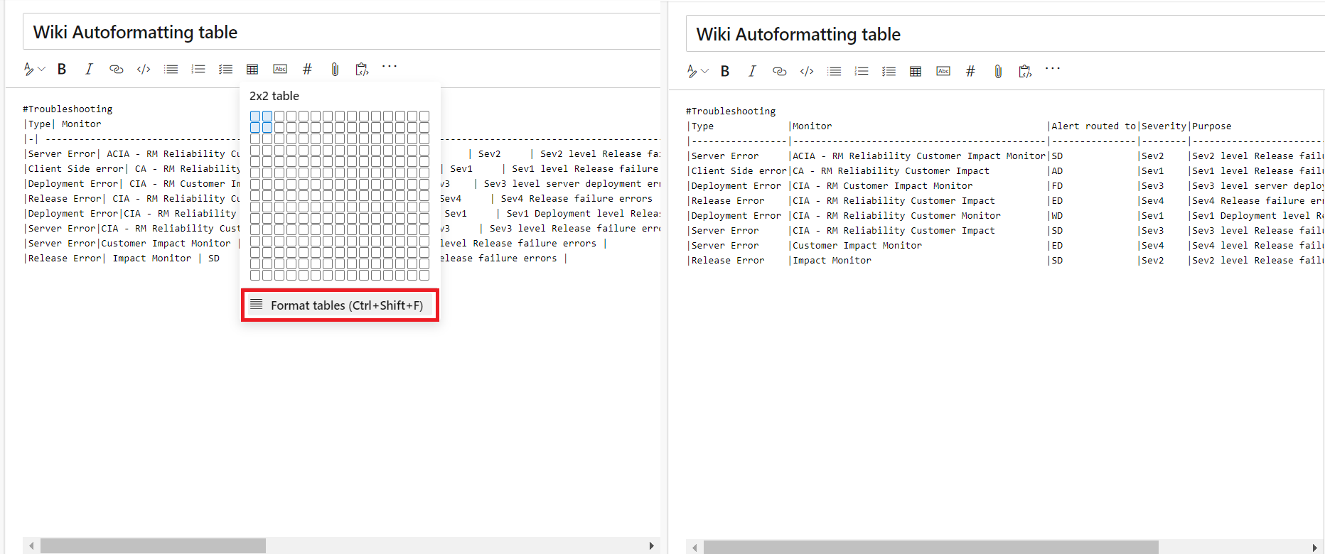 Memformat tabel Markdown secara otomatis.