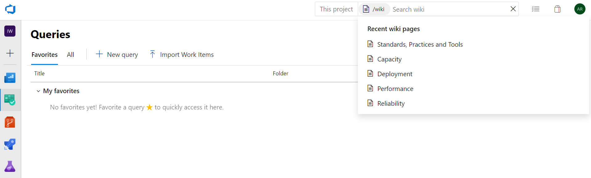 Cari halaman wiki dari Azure Boards dengan mengetik /wiki.