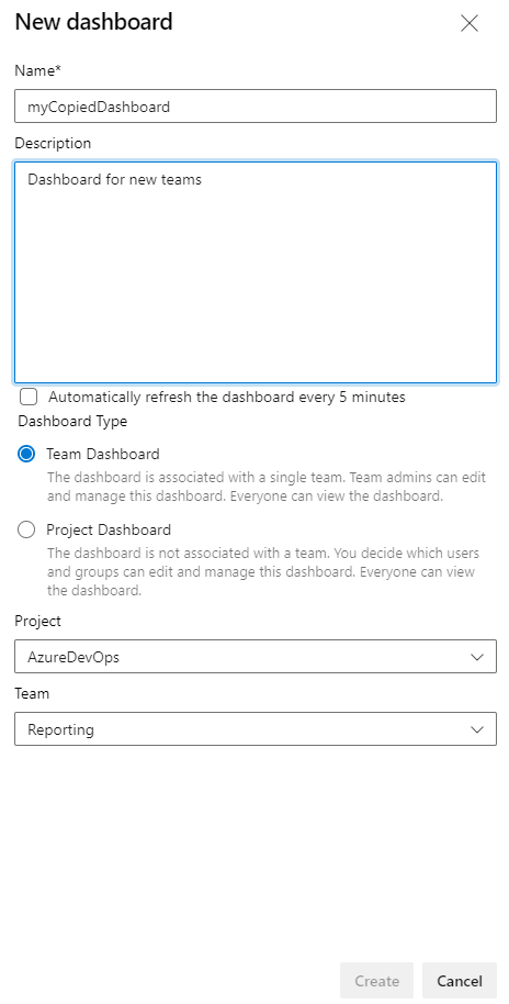 Menu opsi dasbor baru
