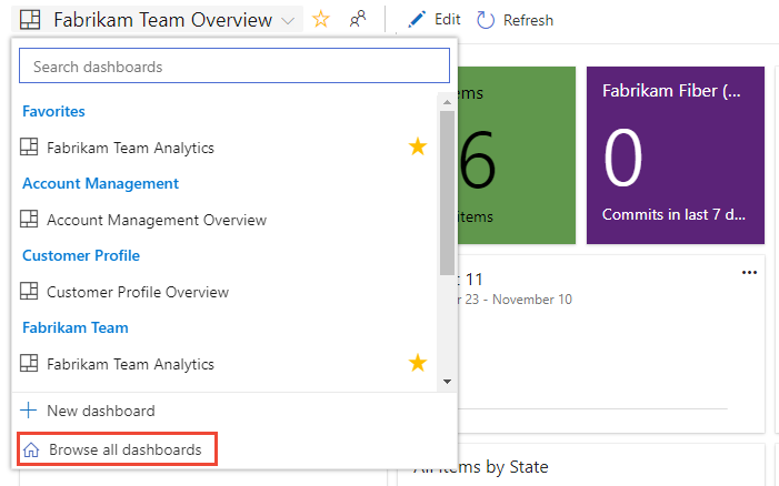 Screenshot of Dashboard selector, Browse all dashboards option.
