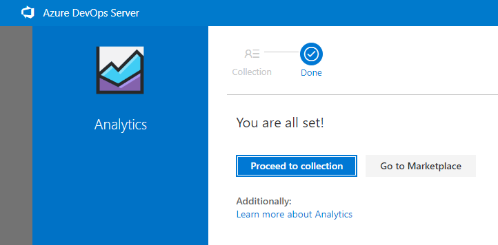 Cuplikan layar ekstensi Analytics Marketplace terinstal, Lanjutkan ke koleksi.