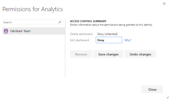 Dialog izin untuk dasbor Analitik, Azure DevOps Server 2019.