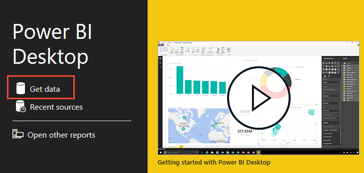 Cuplikan layar splash Power BI Desktop, tombol Dapatkan data.