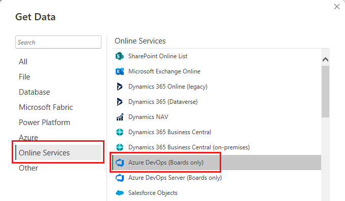 Cuplikan layar memperlihatkan kotak dialog Dapatkan Data tempat Anda bisa memilih Azure DevOps.