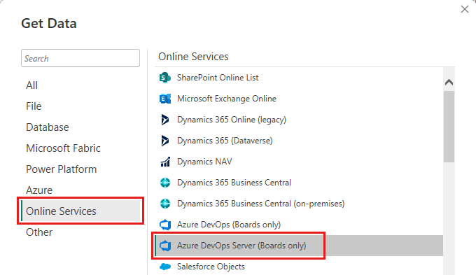 Cuplikan layar memperlihatkan kotak dialog Dapatkan Data tempat Anda bisa memilih Azure DevOps Server.