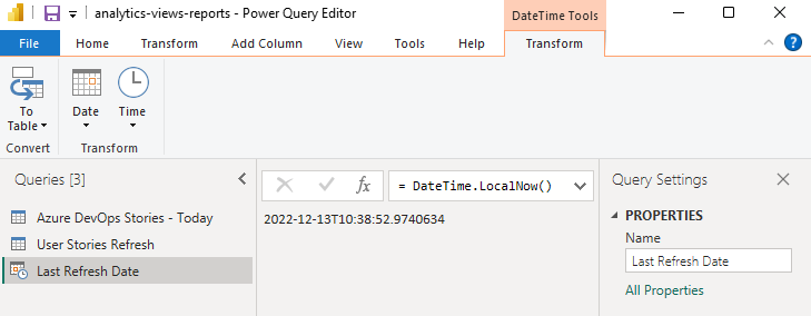 Cuplikan layar Editor Power Query, rumus untuk kueri DateTime.LocalNow untuk Tanggal Refresh Terakhir.