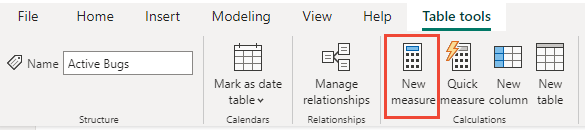 Cuplikan layar tab alat Tabel Power BI, Pengukuran baru.