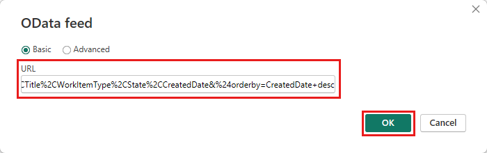 Cuplikan layar dialog umpan OData. Kotak URL berisi kueri OData baris tunggal.