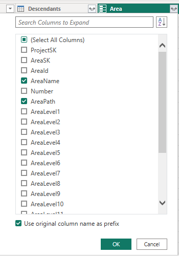 Cuplikan layar data transformasi Power BI, kolom Perluas AreaPath.