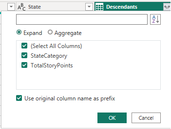 Cuplikan layar kolom Turunan Power BI, perluas opsi. 