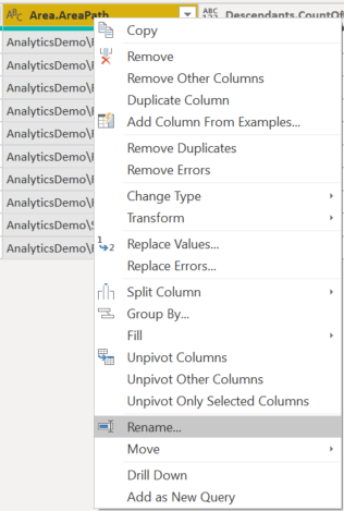 Cuplikan layar data transformasi Power BI, Ganti Nama Kolom.