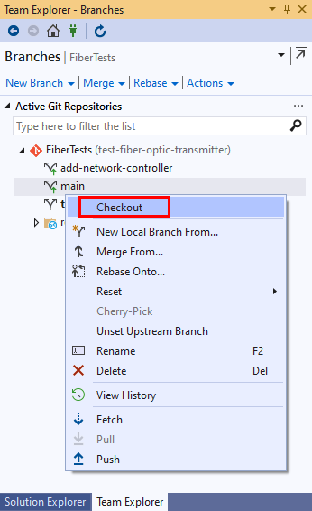 Cuplikan layar opsi Checkout di tampilan Cabang Team Explorer di Visual Studio 2019.