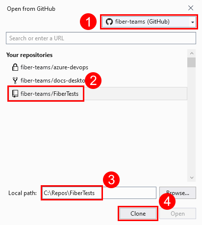 Cuplikan layar jendela 'Buka dari GitHub' di Visual Studio.