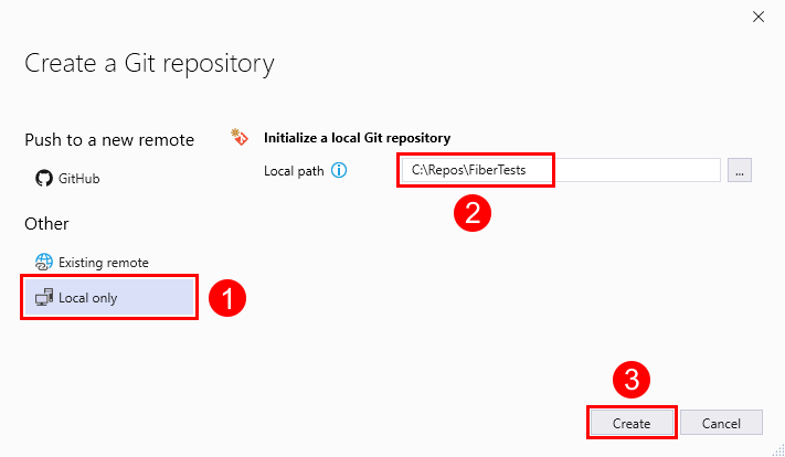 Cuplikan layar jendela 'Buat repositori Git' dengan opsi 'Hanya lokal' dipilih di Visual Studio 2019.