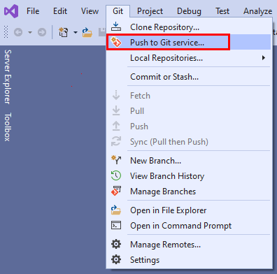 Cuplikan layar opsi menu 'Dorong ke layanan Git' di menu Git pada bilah menu di Visual Studio 2022.