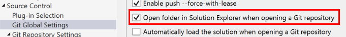 Cuplikan layar memperlihatkan kotak centang untuk membuka folder saat membuka repositori Git dalam kotak dialog Opsi.