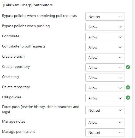 Cuplikan layar memperlihatkan tiga izin yang diubah untuk grup Kontributor.