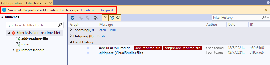 Cuplikan layar tautan 'Buat Permintaan Pull' di jendela 'Repositori Git' di Visual Studio.