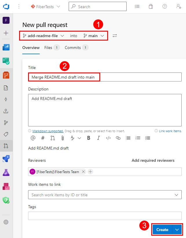 Cuplikan layar formulir 'Permintaan Pull Baru' di portal web Azure Repos.