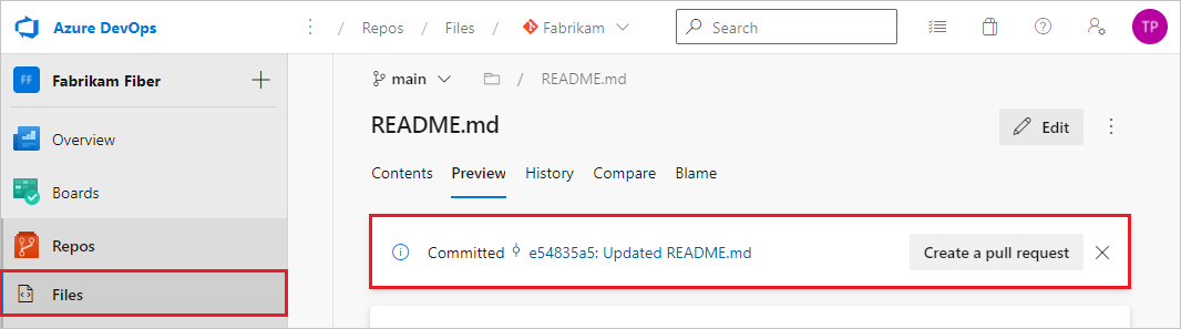 Cuplikan layar yang memperlihatkan perintah untuk membuat P R pada tab File di Azure Repos.