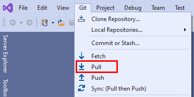 Cuplikan layar opsi Pull di menu Git di Visual Studio 2019.