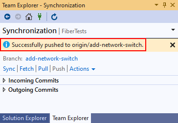 Cuplikan layar pesan konfirmasi push di Team Explorer di Visual Studio 2019.