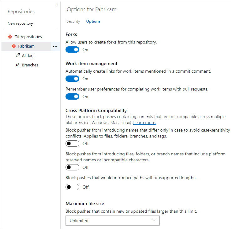 Cuplikan layar Opsi untuk repositori Fabrikam.