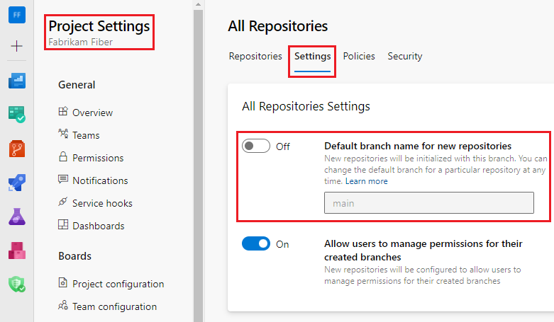 Cuplikan layar yang memperlihatkan pengaturan tingkat proyek untuk Nama cabang default untuk repositori baru.