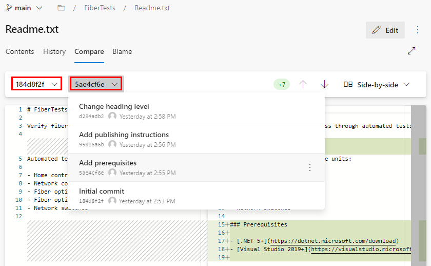 Cuplikan layar opsi Bandingkan dalam tampilan Perbandingan File di halaman repositori Azure DevOps.