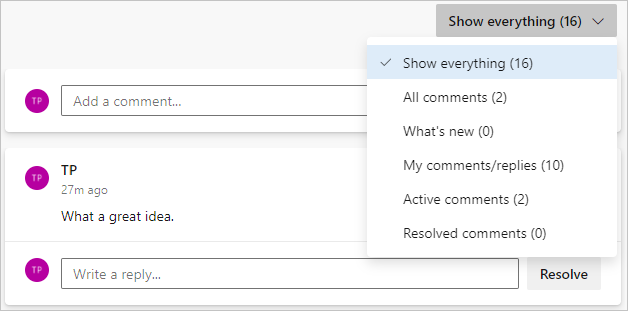Cuplikan layar memperlihatkan opsi untuk memfilter daftar komentar di P R.