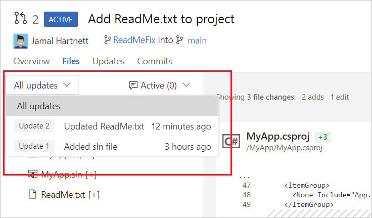 Cuplikan layar memperlihatkan pembaruan PR di tab File dari Azure Repos PR.