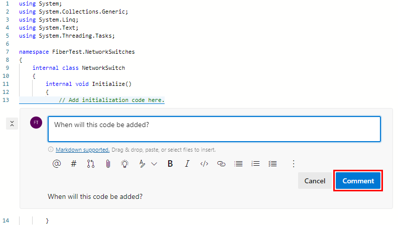 Cuplikan layar kotak komentar di tab File dari Azure Repos P R.