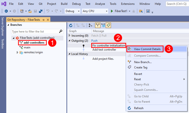 Cuplikan layar opsi menu 'Lihat Detail Penerapan' untuk penerapan di jendela 'Repositori Git' di Visual Studio.