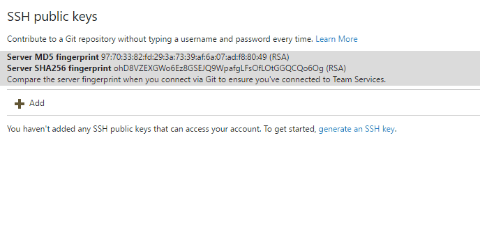 GIF animasi memperlihatkan penambahan kunci umum SSH ke Azure DevOps.