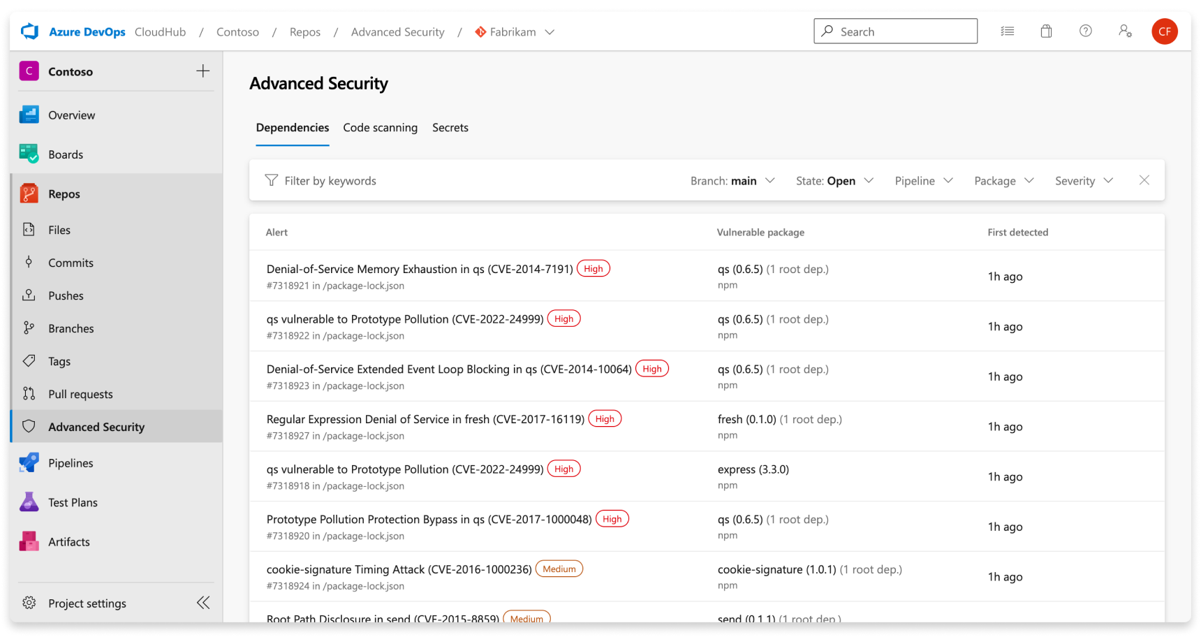 Cuplikan layar tampilan pemberitahuan pemindaian dependensi untuk repositori