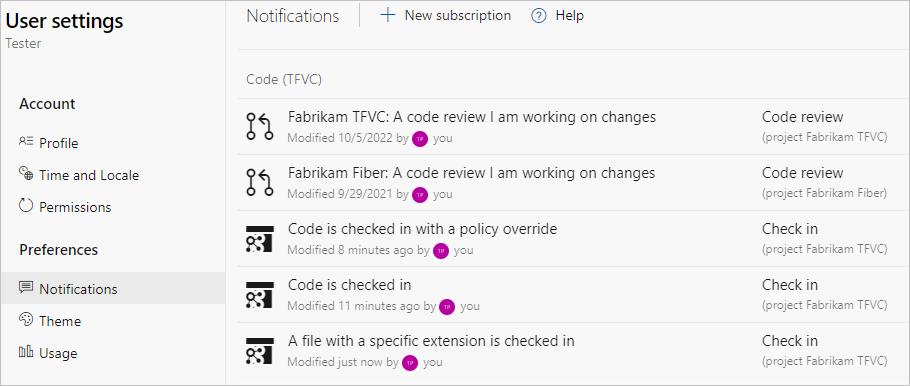 Cuplikan layar yang memperlihatkan halaman pemberitahuan untuk proyek TFVC di portal web.