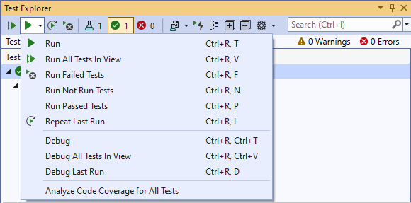 Cuplikan layar Test Explorer memperlihatkan tombol Jalankan Semua.