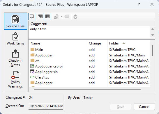 Cuplikan layar kotak dialog Detail untuk Changeset.